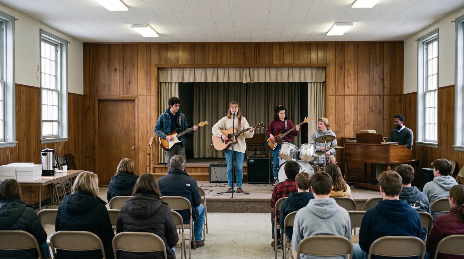 A young band playing a wood-paneled church fellowship hall early in the morning for parents and teenagers on folding chairs