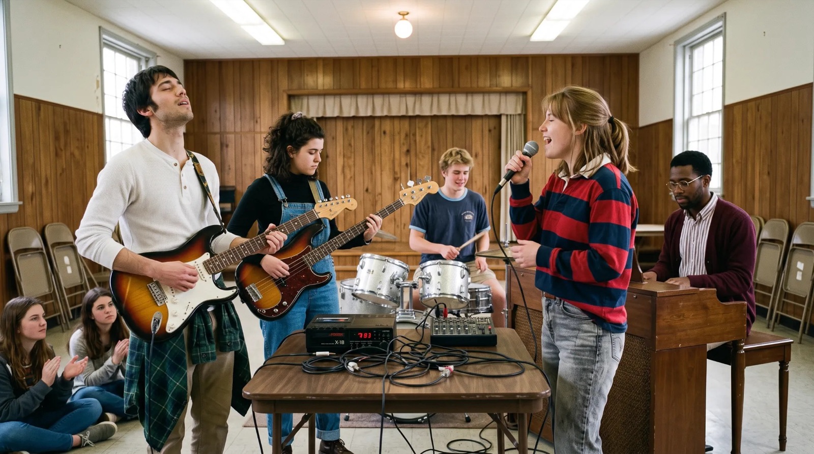 A young band recording live to a cassette four-track in a church fellowship hall, a Hammond organ and a sparkle drum kit