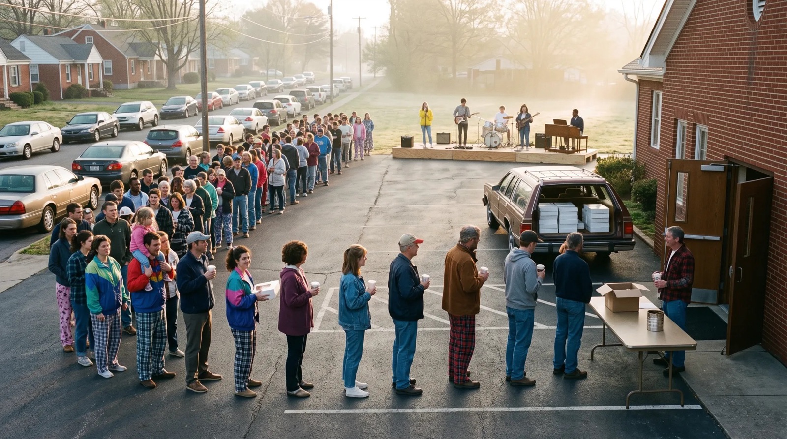 A long line of people holding coffee cups stretching from a church fellowship hall door to the road at sunrise