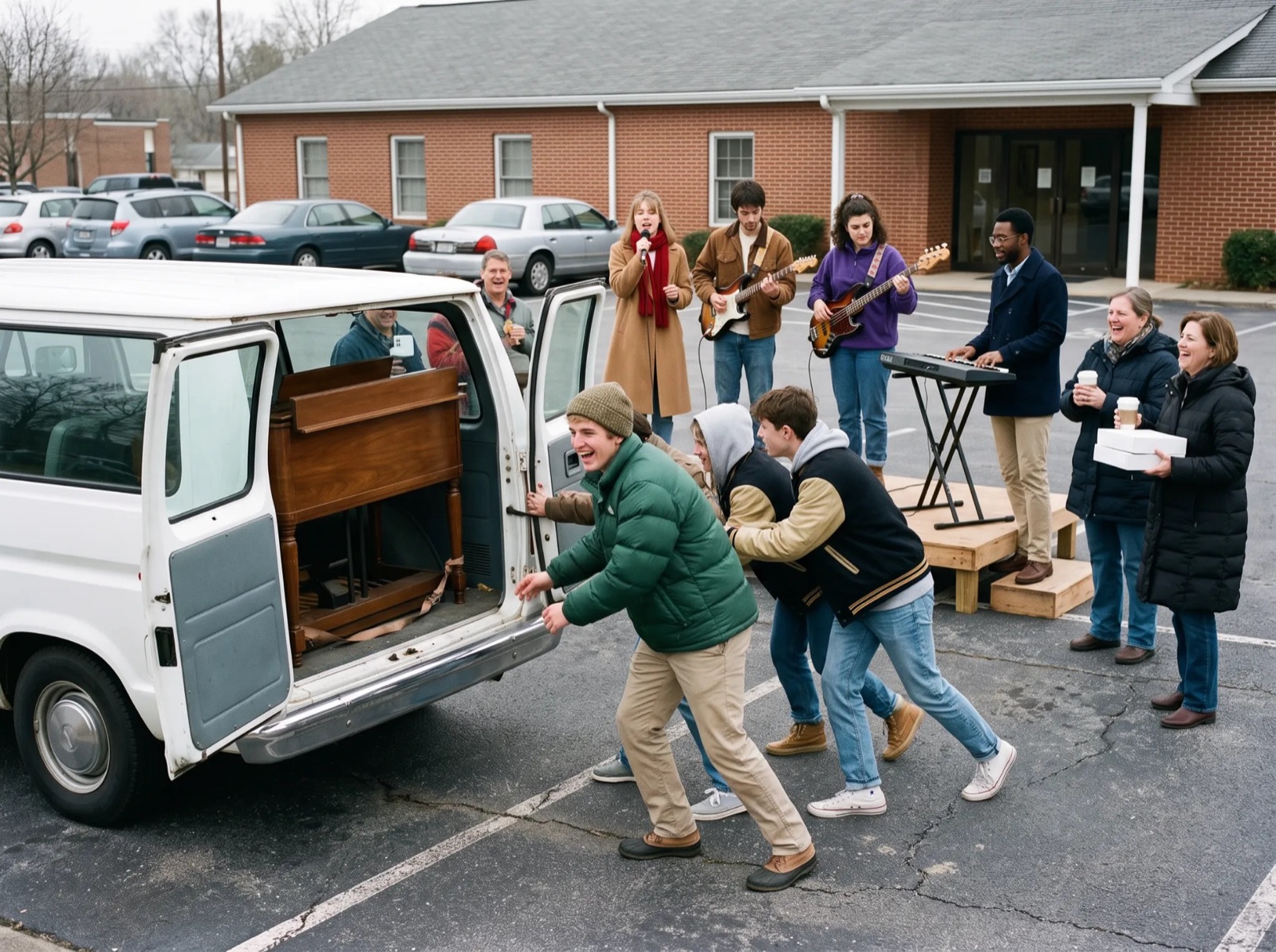 Teenagers and a young man pushing a white church van across a parking lot while a band plays