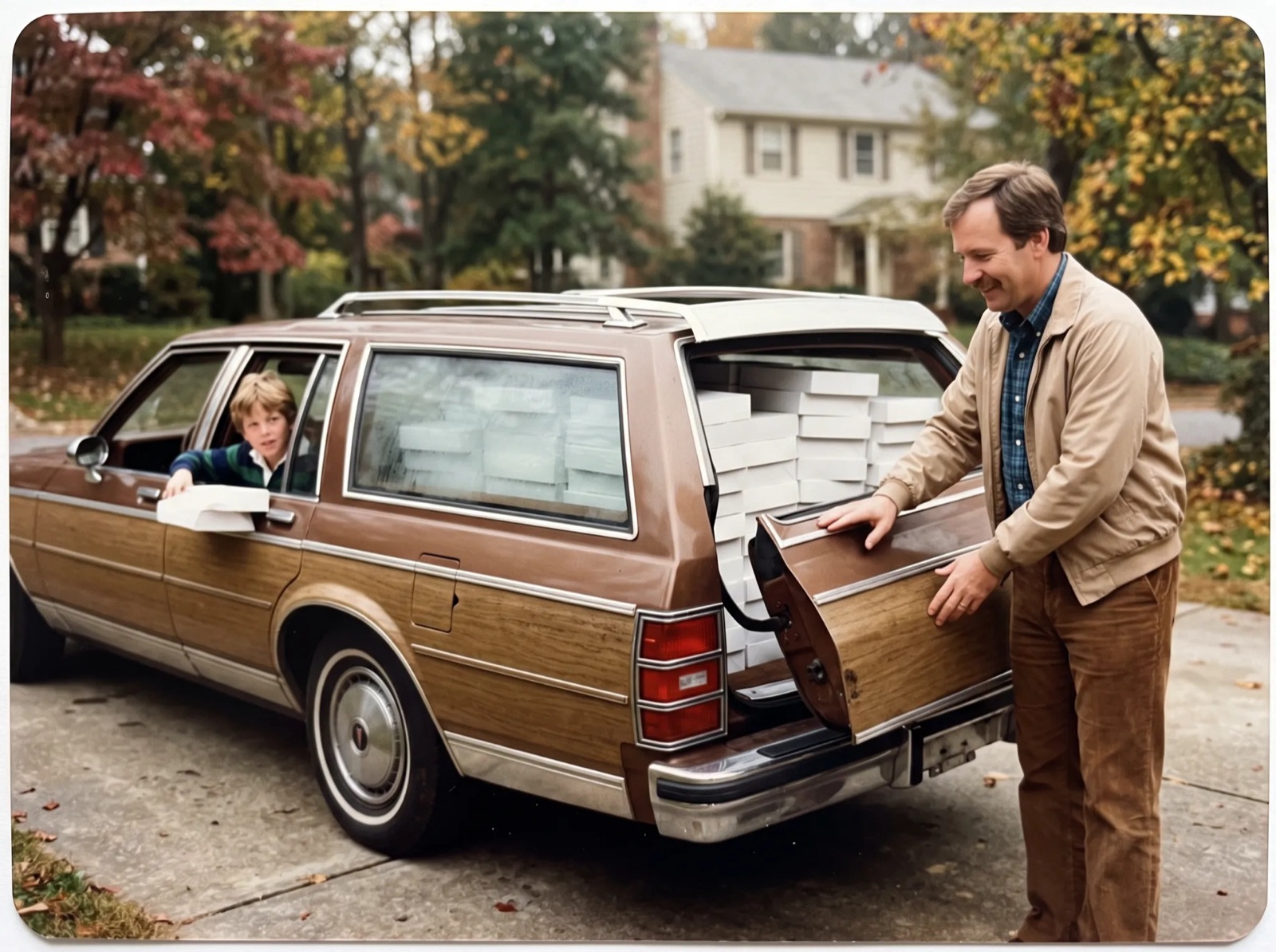A brown station wagon with wood-grain sides, its back loaded with white donut boxes, a boy in the passenger seat with a box on his lap